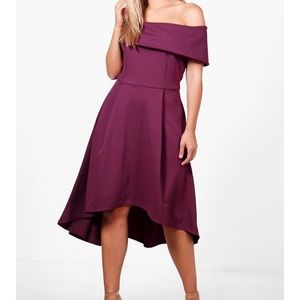 Burgundy Midi dress boohoo off shoulder a line